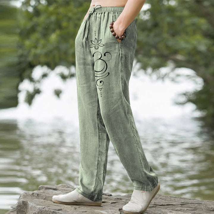 Buddha Stones Pantalones de hombre de algodón con estampado Zen Lotus Om, corte ajustado y bolsillos. - image 5