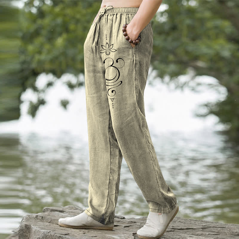Buddha Stones Pantalones de hombre de algodón con estampado Zen Lotus Om, corte ajustado y bolsillos. - image 7