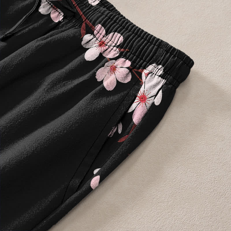 Buddha Stones Pantalones de hombre de algodón rosa con estampado de flores de cerezo y corte ajustado, con bolsillos. - image 2