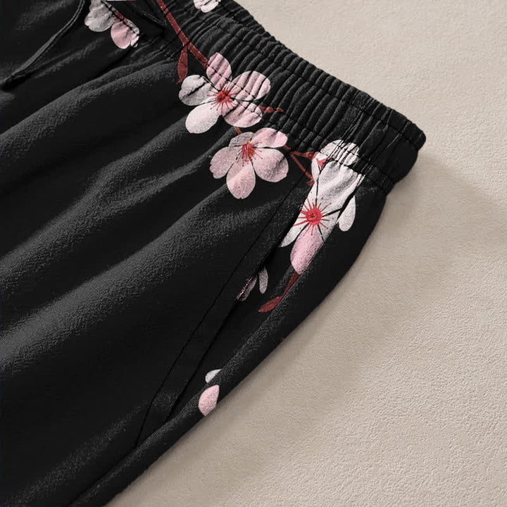 Buddha Stones Pantalones de hombre de algodón rosa con estampado de flores de cerezo y corte ajustado, con bolsillos. - image 2