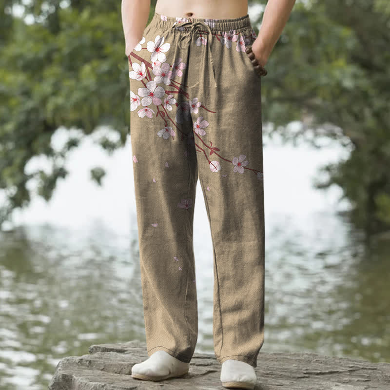 Buddha Stones Pantalones de hombre de algodón rosa con estampado de flores de cerezo y corte ajustado, con bolsillos. - Caqui oscuro - US/UK/AU50, EU60 (5XL) - image 4