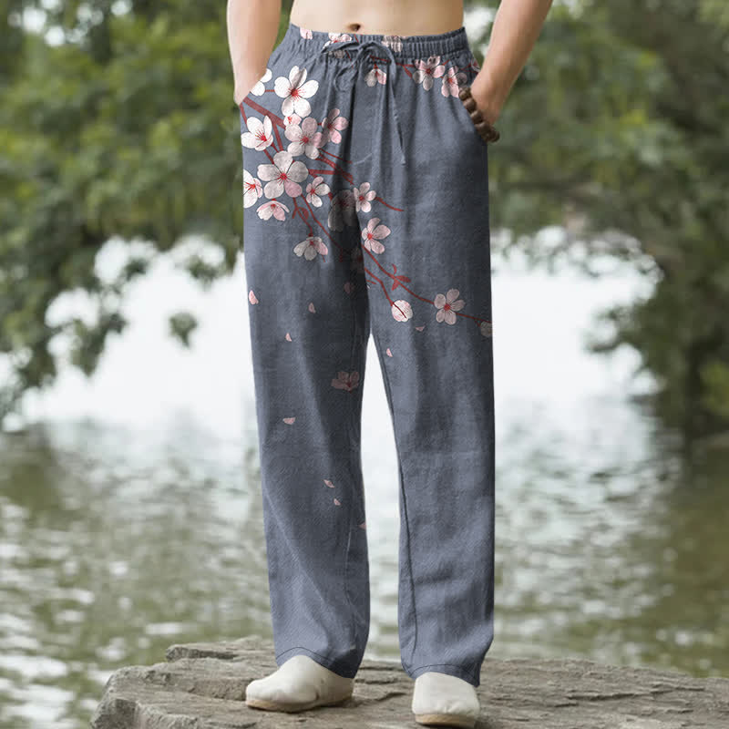 Buddha Stones Pantalones de hombre de algodón rosa con estampado de flores de cerezo y corte ajustado, con bolsillos. - Gris pizarra - US/UK/AU50, EU60 (5XL) - image 6