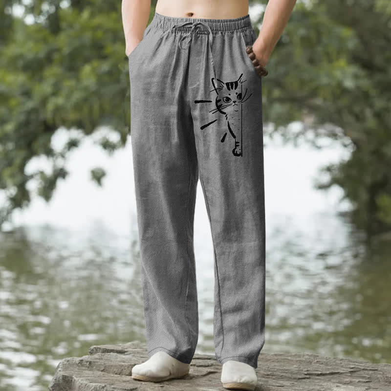 Buddha Stones Pantalones de hombre de algodón con estampado de gato negro y corte ajustado, con bolsillos. - Gris - US/UK/AU50, EU60 (5XL) - image 0