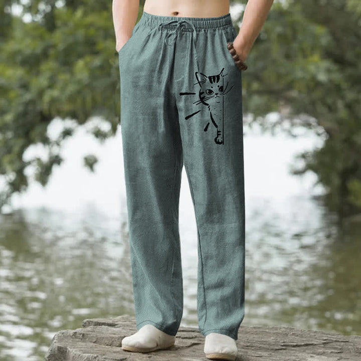 Buddha Stones Pantalones de hombre de algodón con estampado de gato negro y corte ajustado, con bolsillos. - Azul cadete - US/UK/AU50, EU60 (5XL) - image 4