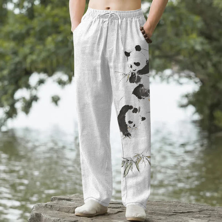 Buddha Stones Pantalones de hombre de algodón con estampado de panda y bambú, corte ajustado y bolsillos. - Blanco - US/UK/AU50, EU60 (5XL) - image 0