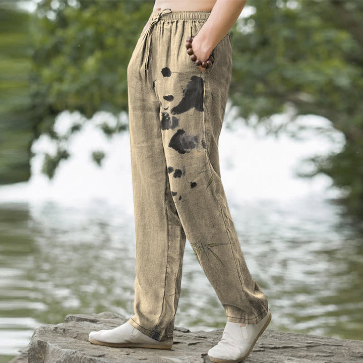 Buddha Stones Pantalones de hombre de algodón con estampado de panda y bambú, corte ajustado y bolsillos. - image 7