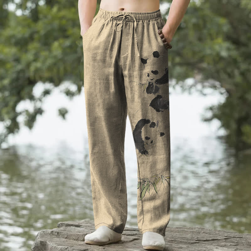 Buddha Stones Pantalones de hombre de algodón con estampado de panda y bambú, corte ajustado y bolsillos. - Broncearse - US/UK/AU50, EU60 (5XL) - image 6