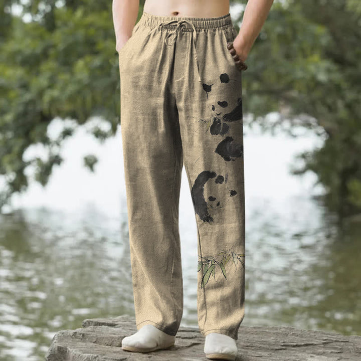 Buddha Stones Pantalones de hombre de algodón con estampado de panda y bambú, corte ajustado y bolsillos. - Broncearse - US/UK/AU50, EU60 (5XL) - image 6