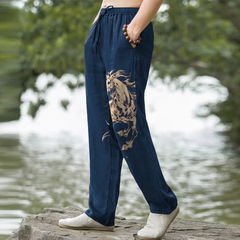 Buddha Stones Pantalones de hombre de algodón con estampado de caballo al galope dorado, corte ajustado y bolsillos. - image 1