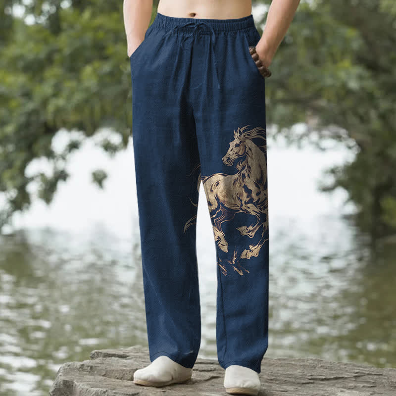 Buddha Stones Pantalones de hombre de algodón con estampado de caballo al galope dorado, corte ajustado y bolsillos. - Marina de guerra - US/UK/AU50, EU60 (5XL) - image 0