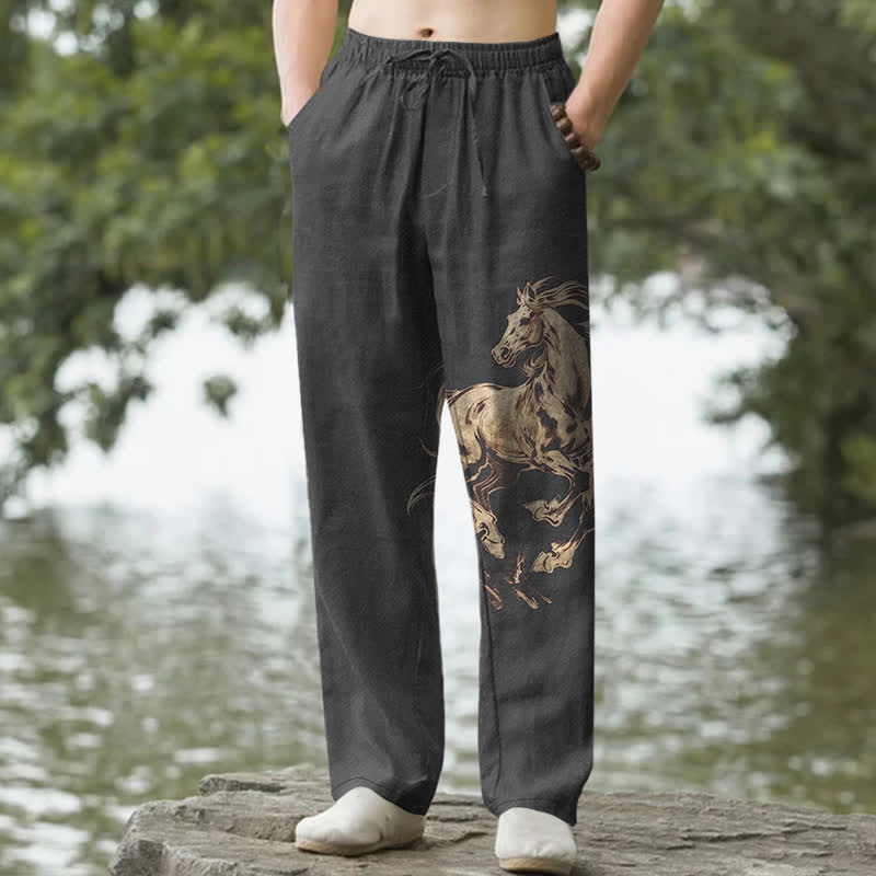 Buddha Stones Pantalones de hombre de algodón con estampado de caballo al galope dorado, corte ajustado y bolsillos. - Negro - US/UK/AU50, EU60 (5XL) - image 4