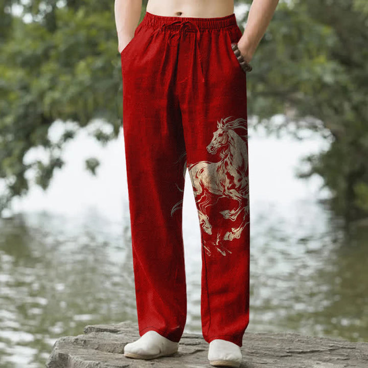 Buddha Stones Pantalones de hombre de algodón con estampado de caballo al galope dorado, corte ajustado y bolsillos. - Carmesí - US/UK/AU50, EU60 (5XL) - image 6