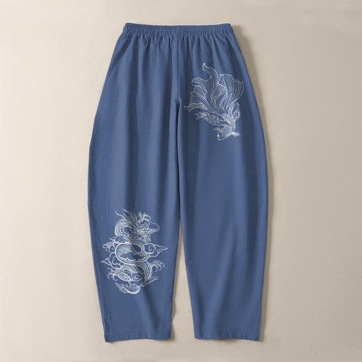 Buddha Stones Pantalones de hombre de algodón puro con estampado de dragones koi, cordón ajustable y corte cónico, con bolsillos. - image 3