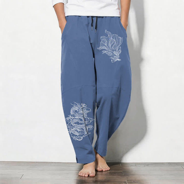 Buddha Stones Pantalones de hombre de algodón puro con estampado de dragones koi, cordón ajustable y corte cónico, con bolsillos. - Azul acero - US/UK/AU50, EU60 (5XL) - image 0
