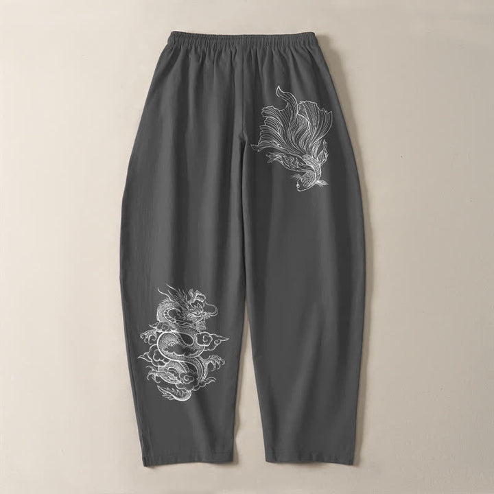 Buddha Stones Pantalones de hombre de algodón puro con estampado de dragones koi, cordón ajustable y corte cónico, con bolsillos. - image 10