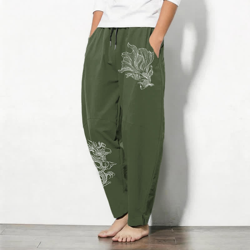 Buddha Stones Pantalones de hombre de algodón puro con estampado de dragones koi, cordón ajustable y corte cónico, con bolsillos. - image 12