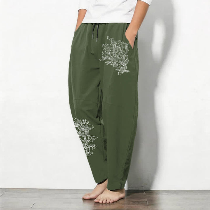 Buddha Stones Pantalones de hombre de algodón puro con estampado de dragones koi, cordón ajustable y corte cónico, con bolsillos. - image 12