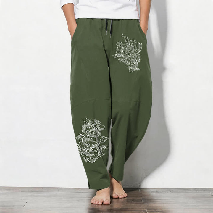 Buddha Stones Pantalones de hombre de algodón puro con estampado de dragones koi, cordón ajustable y corte cónico, con bolsillos. - Verde oliva oscuro - US/UK/AU50, EU60 (5XL) - image 11