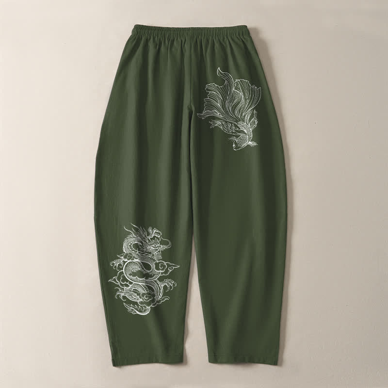 Buddha Stones Pantalones de hombre de algodón puro con estampado de dragones koi, cordón ajustable y corte cónico, con bolsillos. - image 14