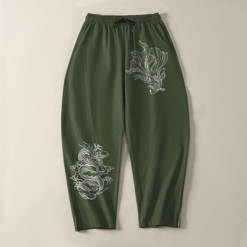 Buddha Stones Pantalones de hombre de algodón puro con estampado de dragones koi, cordón ajustable y corte cónico, con bolsillos. - image 13