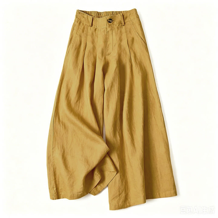 Buddha Stones Pantalones largos de verano elegantes de algodón y lino con cintura elástica, cierre de botón y cremallera, pernera ancha y bolsillos. - Amarillo - US16，UK/AU20，EU48 (3XL) - image 9