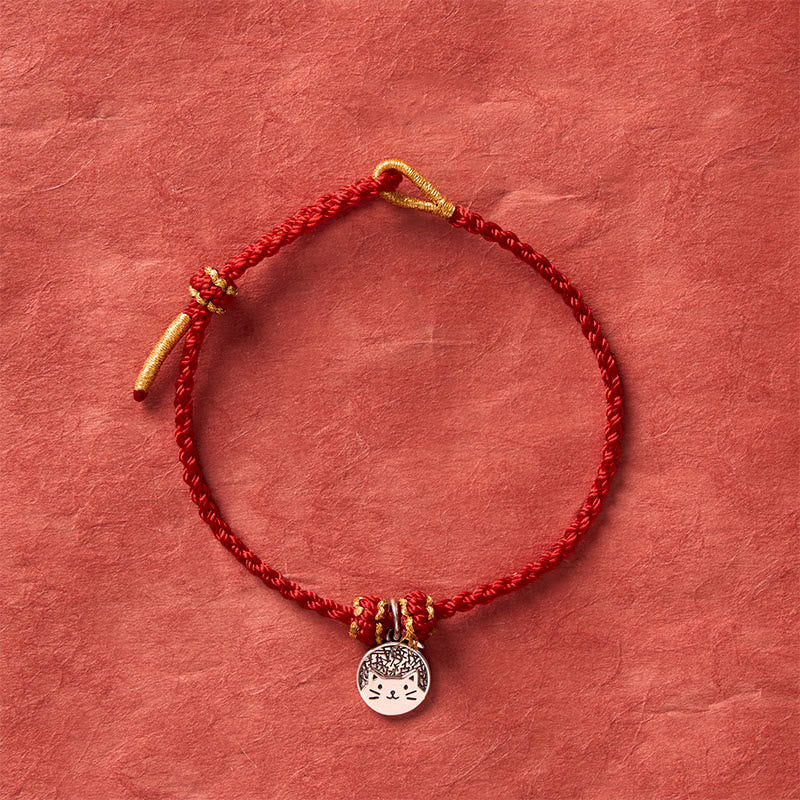 Buddha Stones Colgante redondo de plata de ley 925 con gatito comiendo pescado, símbolo de prosperidad, con pulsera trenzada de hilo rojo y negro. - image 11