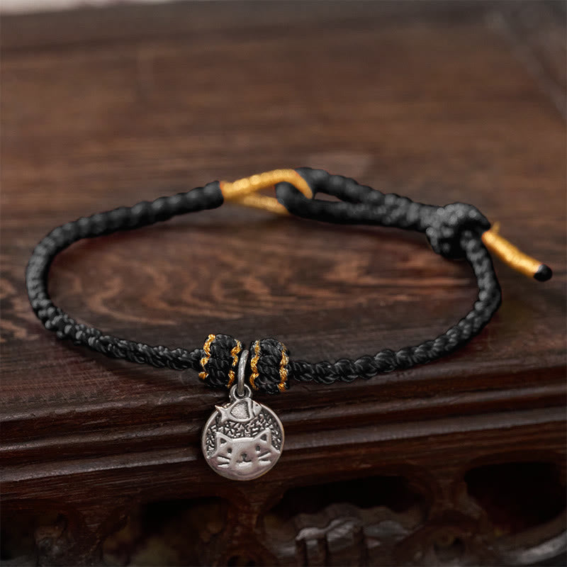 Buddha Stones Colgante redondo de plata de ley 925 con gatito comiendo pescado, símbolo de prosperidad, con pulsera trenzada de hilo rojo y negro. - Negro (circunferencia de la muñeca: 14-18 cm) - image 13