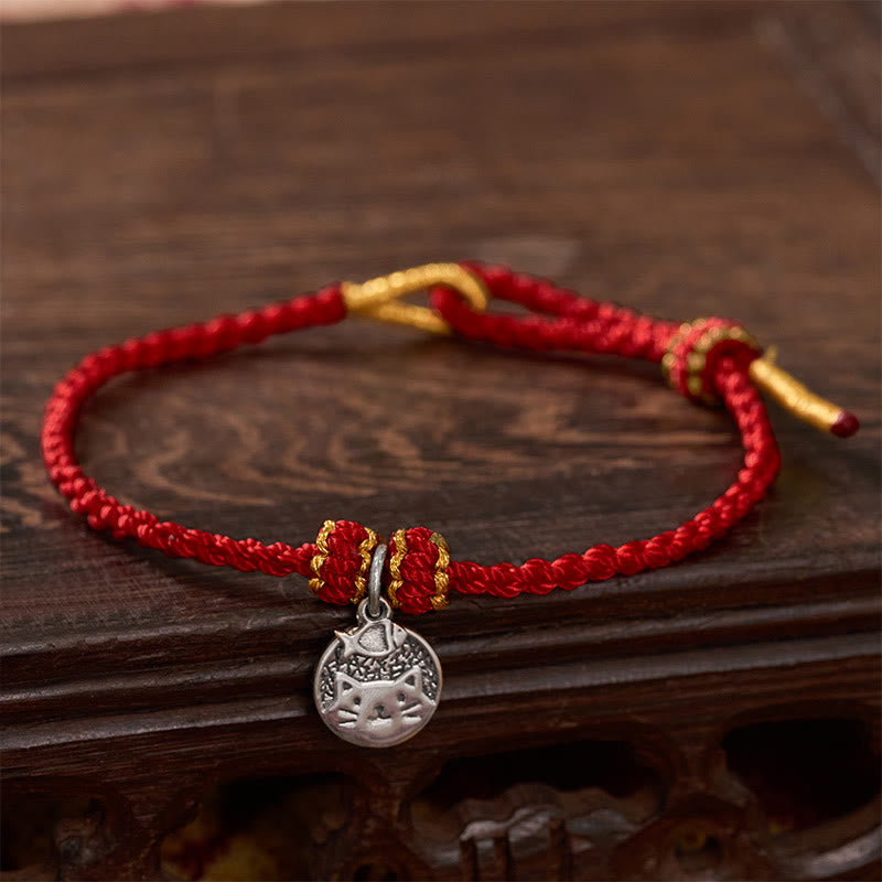 Buddha Stones Colgante redondo de plata de ley 925 con gatito comiendo pescado, símbolo de prosperidad, con pulsera trenzada de hilo rojo y negro. - Rojo oscuro (circunferencia de la muñeca: 14-18 cm) - image 10
