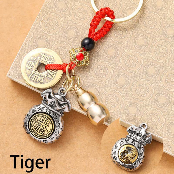 Buddha Stones Llaveros de protección con monedas de los cinco emperadores del zodiaco chino, trenzados en hilo rojo. - Tigre - image 3