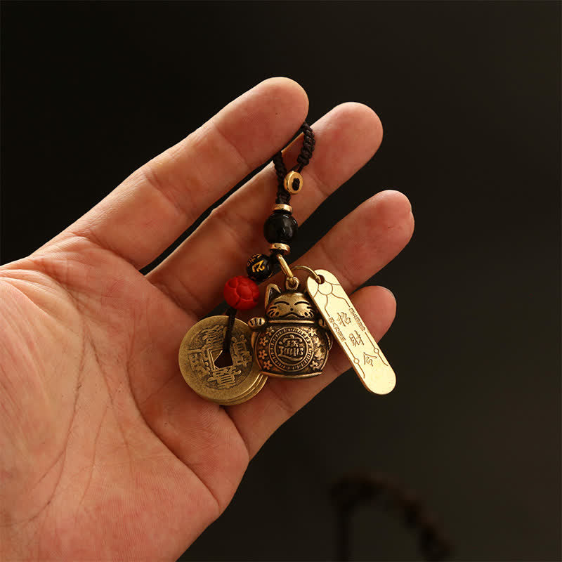 Buddha Stones Llaveros de latón con forma de gato de la suerte y monedas chinas de la fortuna - image 8