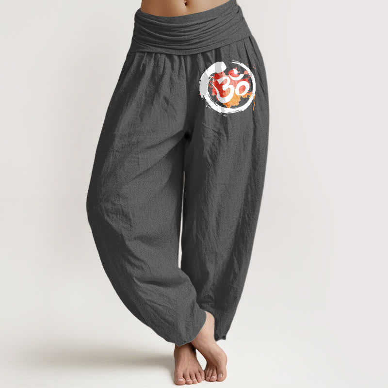 Buddha Stones Pantalones harem de mujer con cintura elástica, estampado de círculos negros y símbolos rojos, de algodón puro para mujer. - Gris oscuro - US16，UK/AU20，EU48 (3XL) - image 11