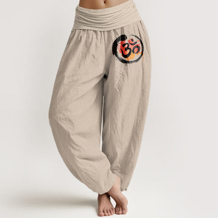 Buddha Stones Pantalones harem de mujer con cintura elástica, estampado de círculos negros y símbolos rojos, de algodón puro para mujer. - Broncearse - US16，UK/AU20，EU48 (3XL) - image 0