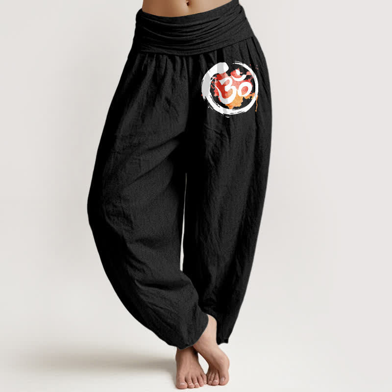 Buddha Stones Pantalones harem de mujer con cintura elástica, estampado de círculos negros y símbolos rojos, de algodón puro para mujer. - Negro - US16，UK/AU20，EU48 (3XL) - image 5