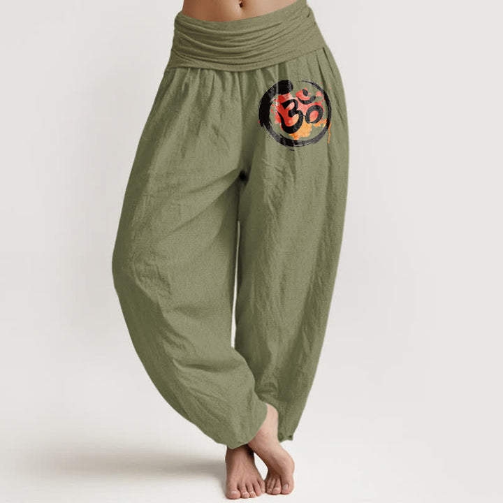 Buddha Stones Pantalones harem de mujer con cintura elástica, estampado de círculos negros y símbolos rojos, de algodón puro para mujer. - Verde oliva - US16，UK/AU20，EU48 (3XL) - image 14