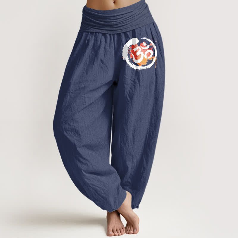 Buddha Stones Pantalones harem de mujer con cintura elástica, estampado de círculos negros y símbolos rojos, de algodón puro para mujer. - Azul pizarra oscuro - US16，UK/AU20，EU48 (3XL) - image 8