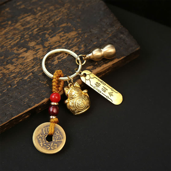 Buddha Stones Llaveros trenzados de cobre con forma de gato de la suerte y calabaza china Pi Xiu - Monedas de calabaza de cordón amarillo - image 9