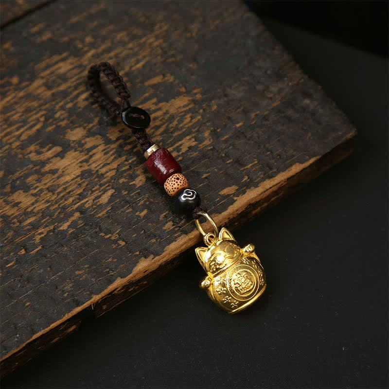 Buddha Stones Llaveros trenzados de cobre con forma de gato de la suerte y calabaza china Pi Xiu - Cable de nube - image 1