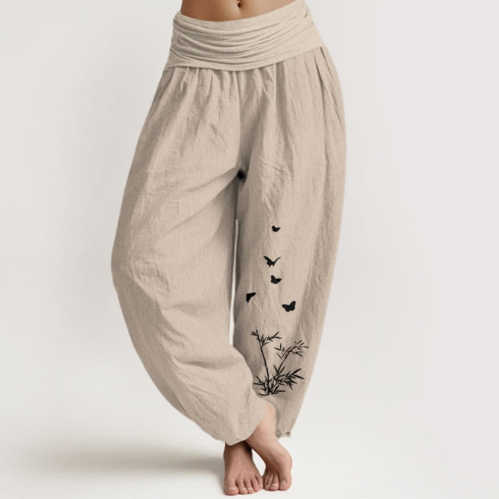 Buddha Stones Pantalones harem de algodón puro con estampado de mariposas y hojas de bambú para mujer con cintura elástica. - Broncearse - US16，UK/AU20，EU48 (3XL) - image 14
