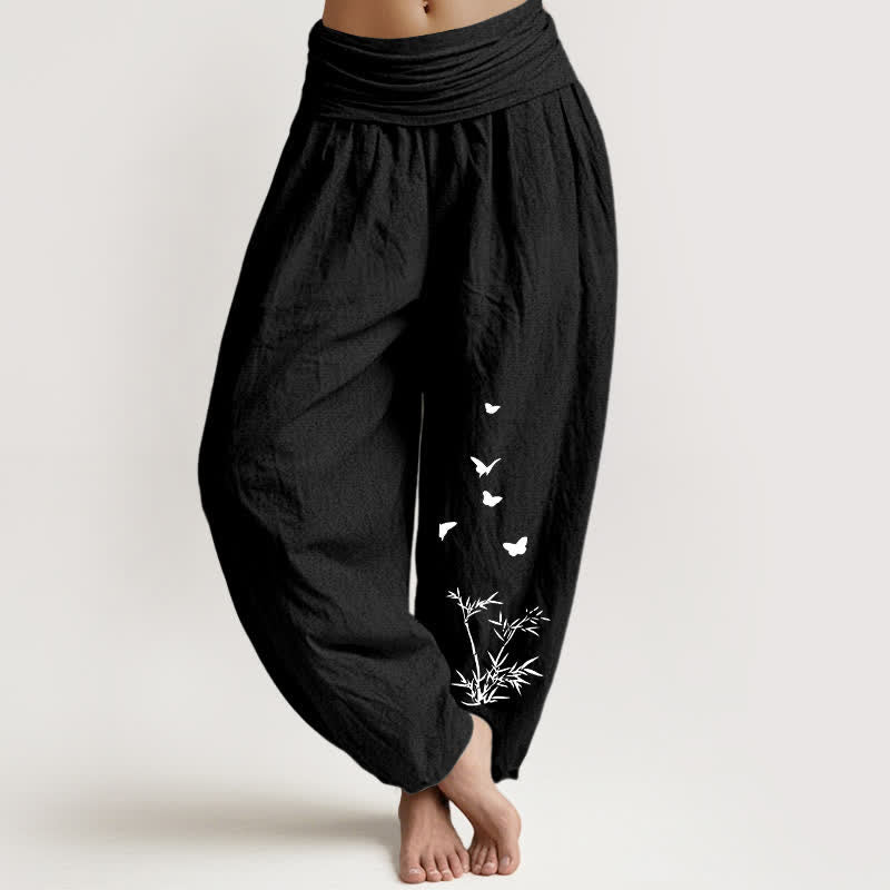 Buddha Stones Pantalones harem de algodón puro con estampado de mariposas y hojas de bambú para mujer con cintura elástica. - Negro - US16，UK/AU20，EU48 (3XL) - image 11