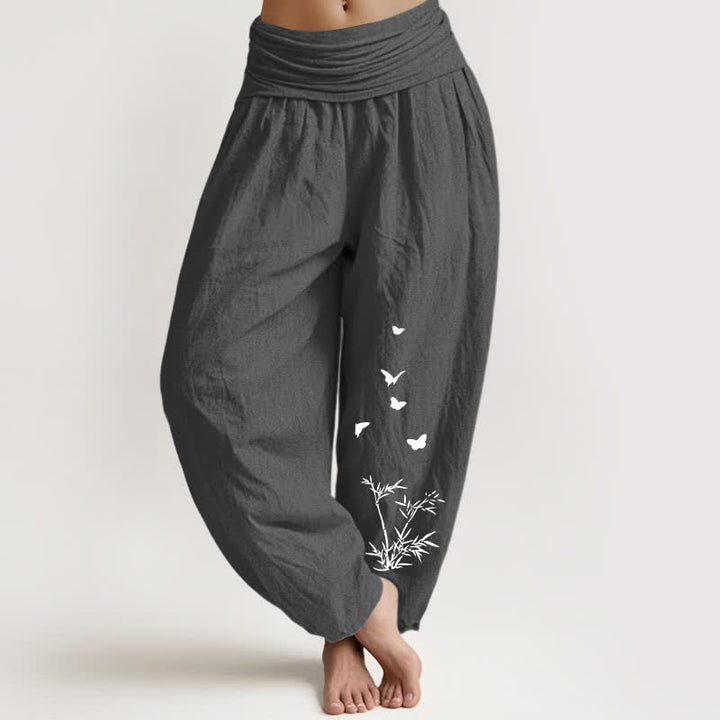 Buddha Stones Pantalones harem de algodón puro con estampado de mariposas y hojas de bambú para mujer con cintura elástica. - Gris oscuro - US16，UK/AU20，EU48 (3XL) - image 5