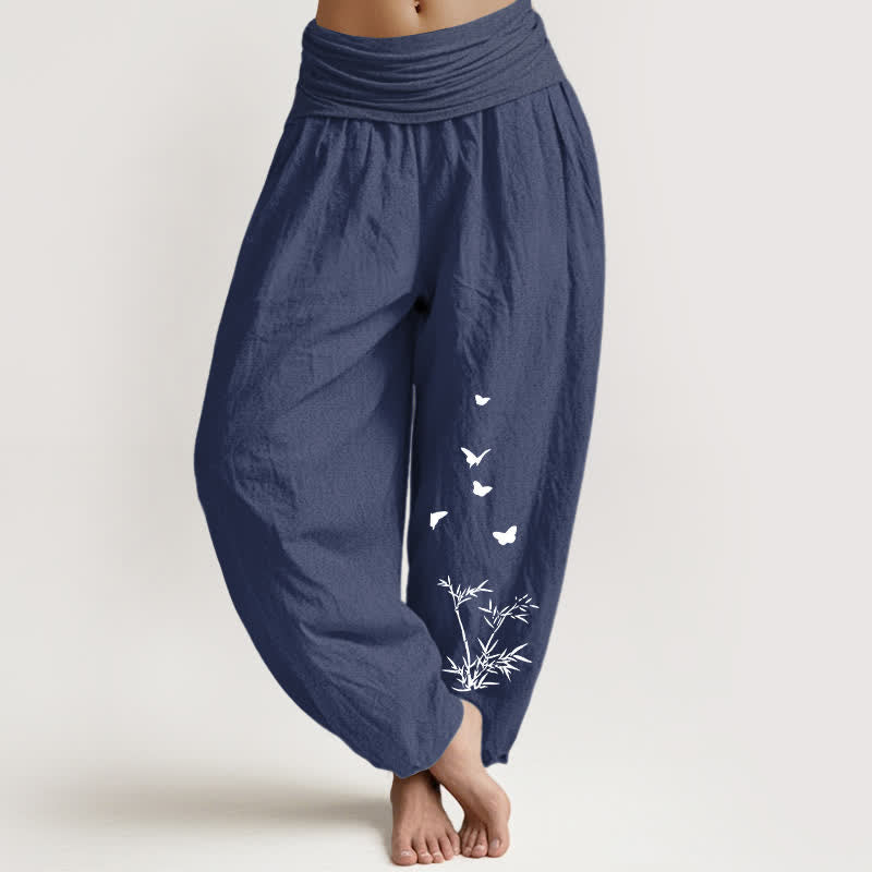 Buddha Stones Pantalones harem de algodón puro con estampado de mariposas y hojas de bambú para mujer con cintura elástica. - Azul pizarra oscuro - US16，UK/AU20，EU48 (3XL) - image 0