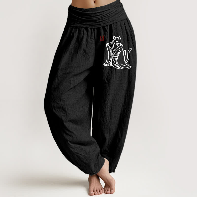 Buddha Stones Pantalones harem de algodón puro con estampado de gato zen para mujer con cintura elástica. - Negro - US16，UK/AU20，EU48 (3XL) - image 14