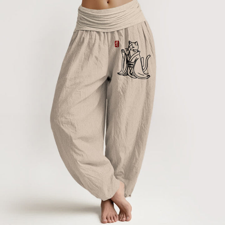 Buddha Stones Pantalones harem de algodón puro con estampado de gato zen para mujer con cintura elástica. - Broncearse - US16，UK/AU20，EU48 (3XL) - image 0