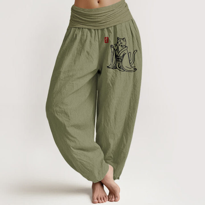 Buddha Stones Pantalones harem de algodón puro con estampado de gato zen para mujer con cintura elástica. - Verde oliva - US16，UK/AU20，EU48 (3XL) - image 11
