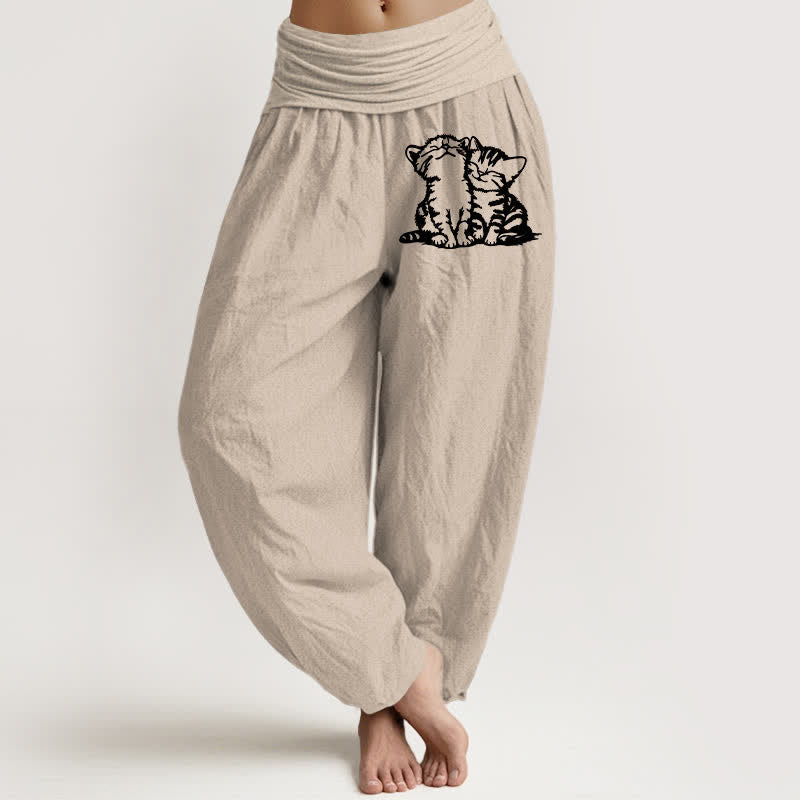 Buddha Stones Pantalones harem de mujer con cintura elástica y estampado de gato blanco, de algodón puro. - Broncearse - US16，UK/AU20，EU48 (3XL) - image 14