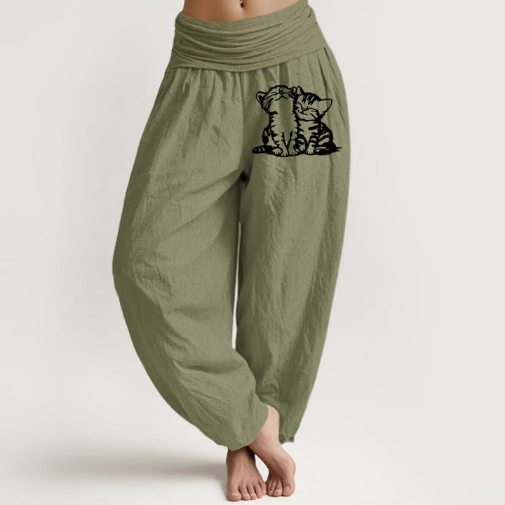 Buddha Stones Pantalones harem de mujer con cintura elástica y estampado de gato blanco, de algodón puro. - Verde oliva - US16，UK/AU20，EU48 (3XL) - image 8
