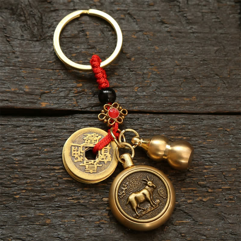 Buddha Stones Llaveros de cobre con monedas del zodíaco chino de los cinco emperadores y cordón rojo para la riqueza - Cabra - image 0