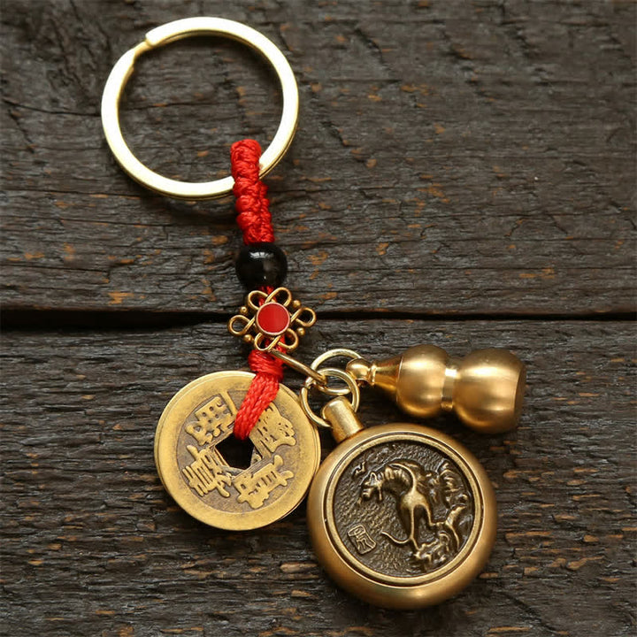Buddha Stones Llaveros de cobre con monedas del zodíaco chino de los cinco emperadores y cordón rojo para la riqueza - Tigre - image 3