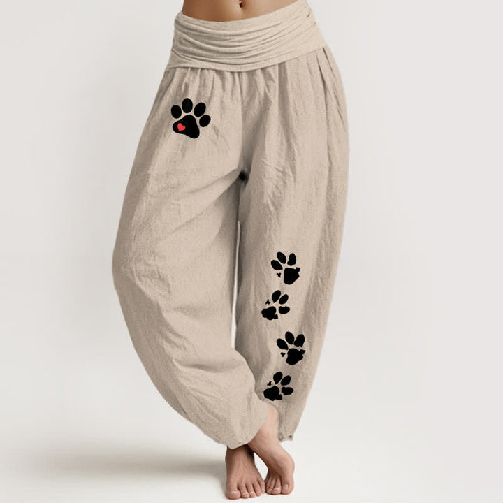 Buddha Stones Pantalones harem de mujer con cintura elástica y estampado de huellas de patas blancas, de algodón puro. - Broncearse - US16，UK/AU20，EU48 (3XL) - image 14