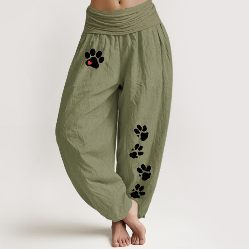 Buddha Stones Pantalones harem de mujer con cintura elástica y estampado de huellas de patas blancas, de algodón puro. - Verde oliva - US16，UK/AU20，EU48 (3XL) - image 8